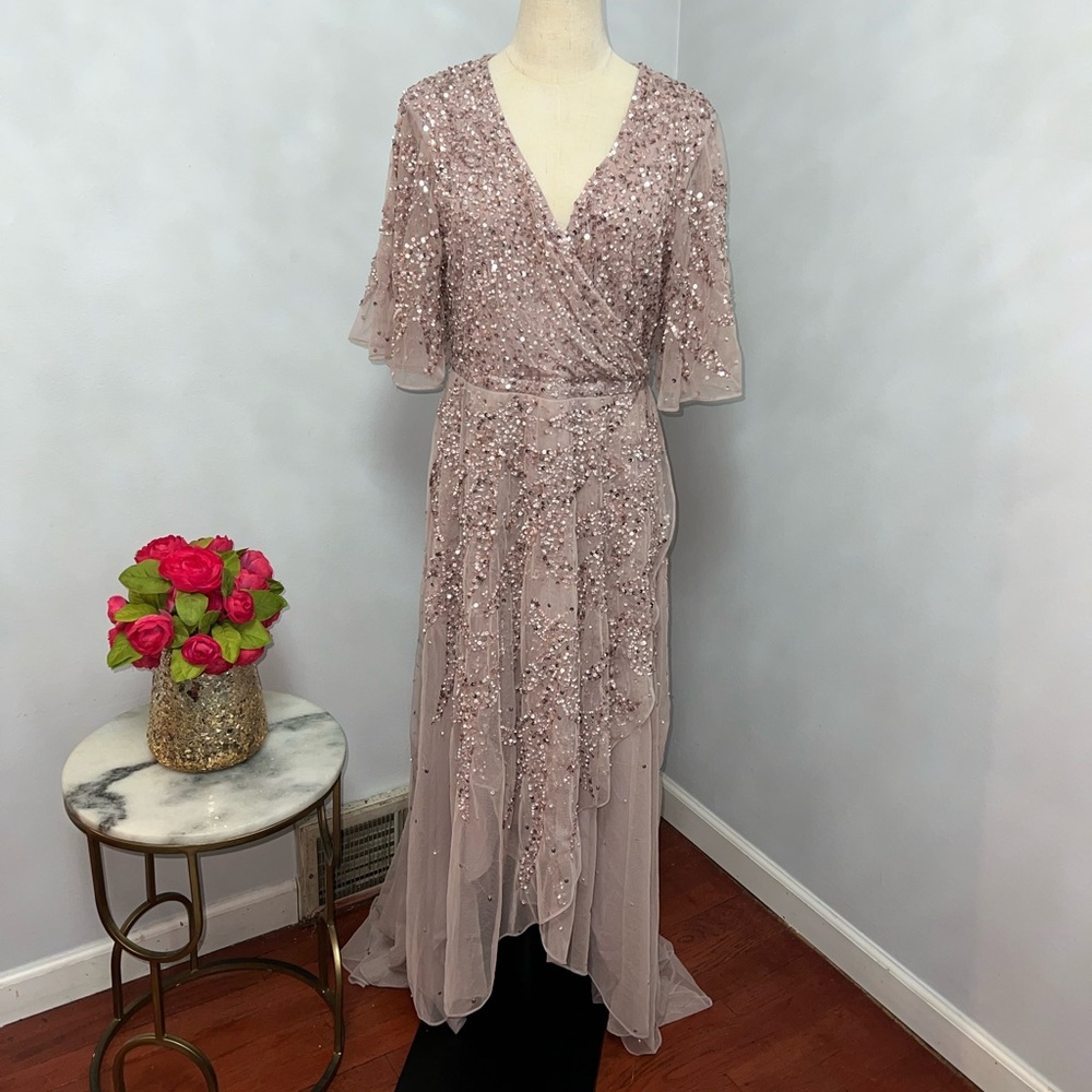 Mac Duggal Sequined Butterfly Sleeve High Low Chiffon Gown In Vintage Lilac -NWT - Picture 8 of 15